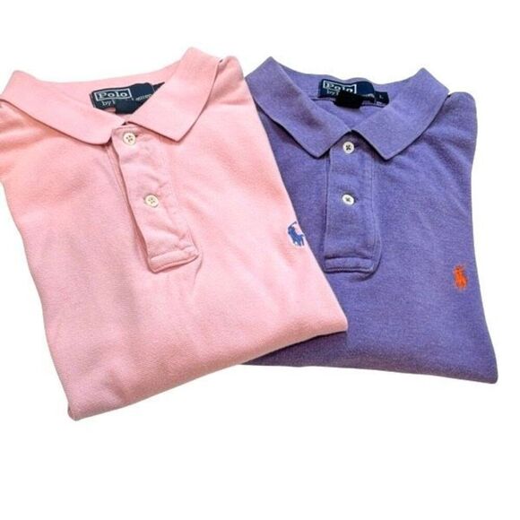 Bundle 2 Polo Ralph Lauren Polo Shirts Pique Cotton Light Pink & Purple L - Picture 3 of 11